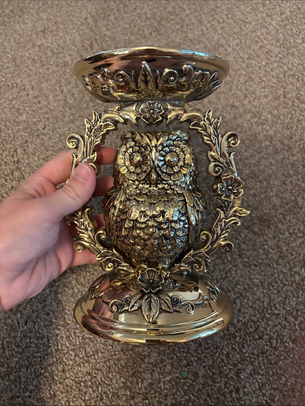 Bath & Body Works Gold Owl Candle Holder with Ornate Floral Frame